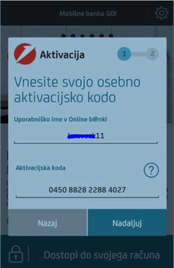 Aktivirali boste aplikacijo Mobilna banka GO!